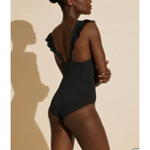 & Other Stories Ruffle Shoulder Plunge Neck One Piece Swimsuit In Black Sz 2 New - Picture 2 of 9